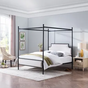 Queen Size Iron Canopy Bed Frame with Upholstered Studded Headboard - NH118803 throw blanket, decorative pillow