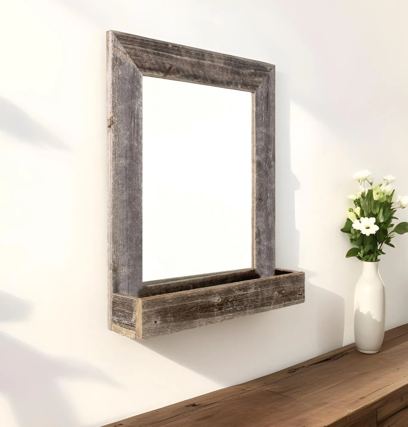 Rustic Barn Wood Mirror with Box Shelf bathroom furniture, vanity cabinet