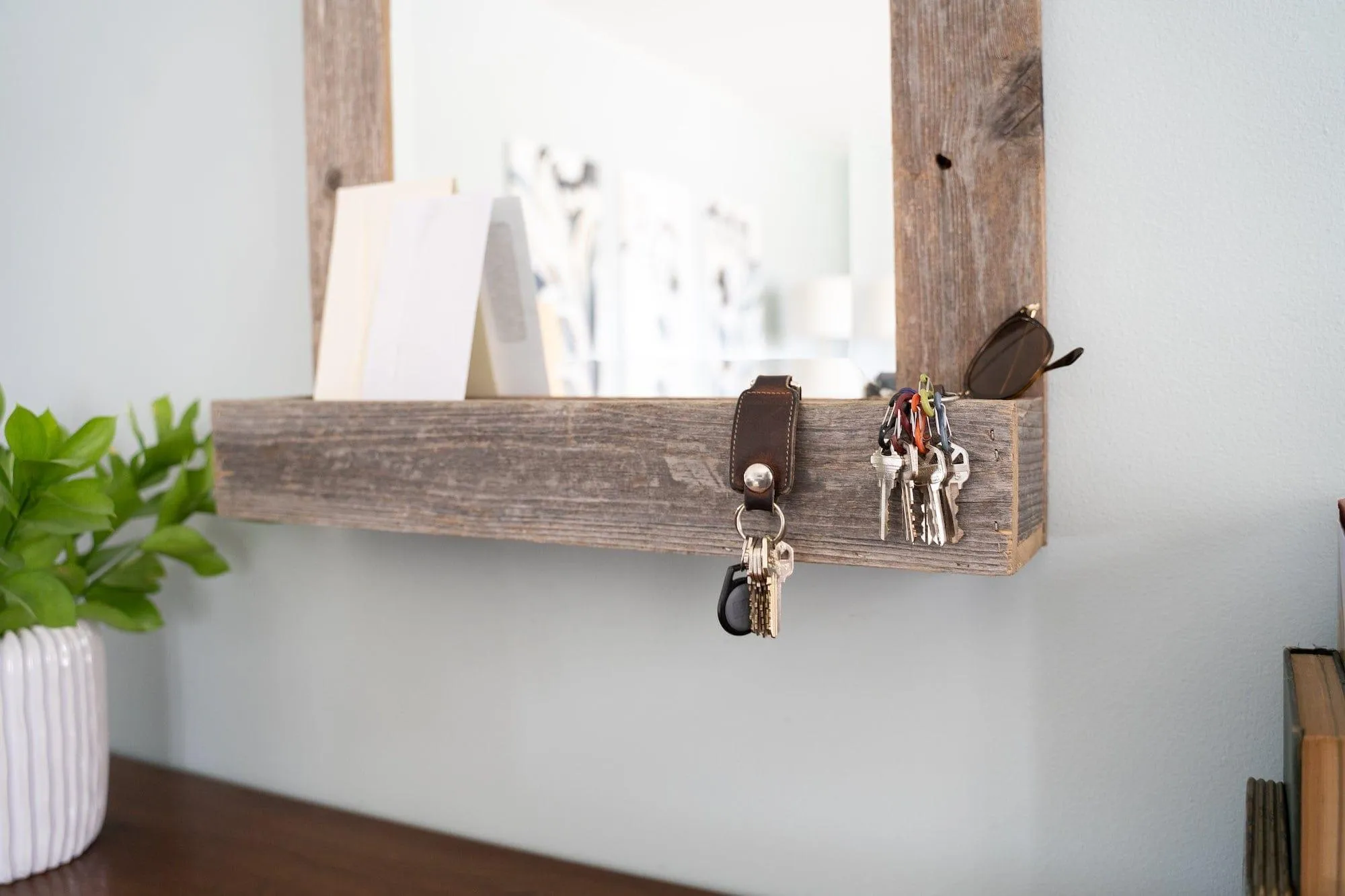 Rustic Barn Wood Mirror with Box Shelf