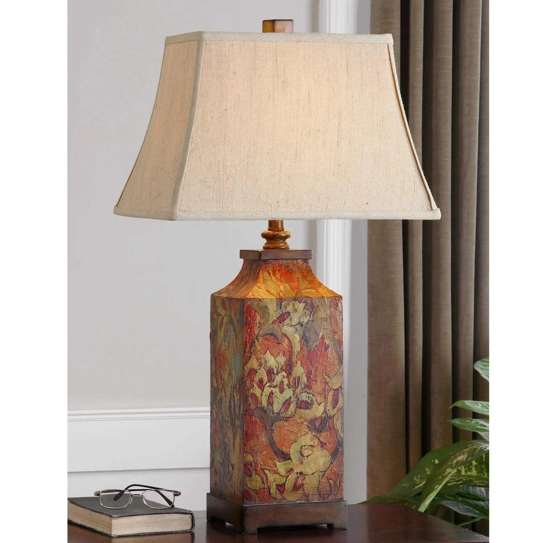 Rustic Foliage Lamp w/ Linen Shade