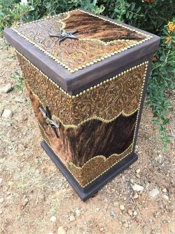 Rustic Handcrafted Cowhide & Leather Storage Hamper Decor