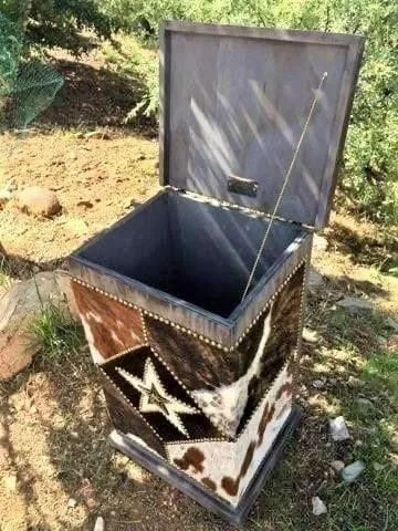 Rustic Handcrafted Cowhide & Leather Storage Hamper Decor