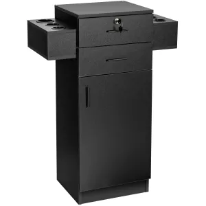 Salon Station Storage Cabinet for Hair Stylist, Black folding chair, portable chair