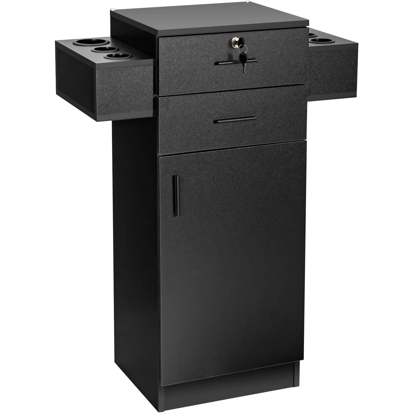 Salon Station Storage Cabinet for Hair Stylist, Black folding chair, portable chair