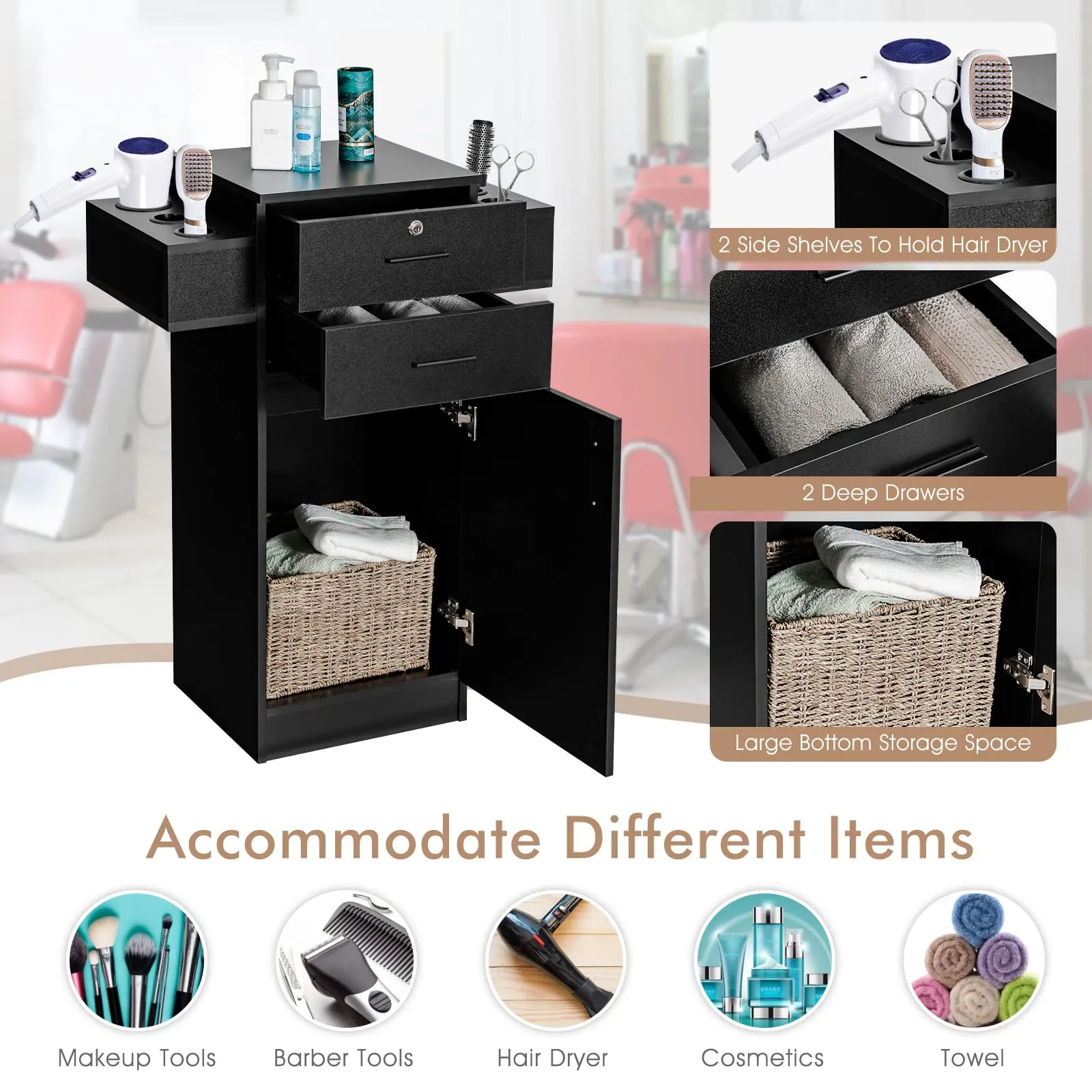 Salon Station Storage Cabinet for Hair Stylist, Black