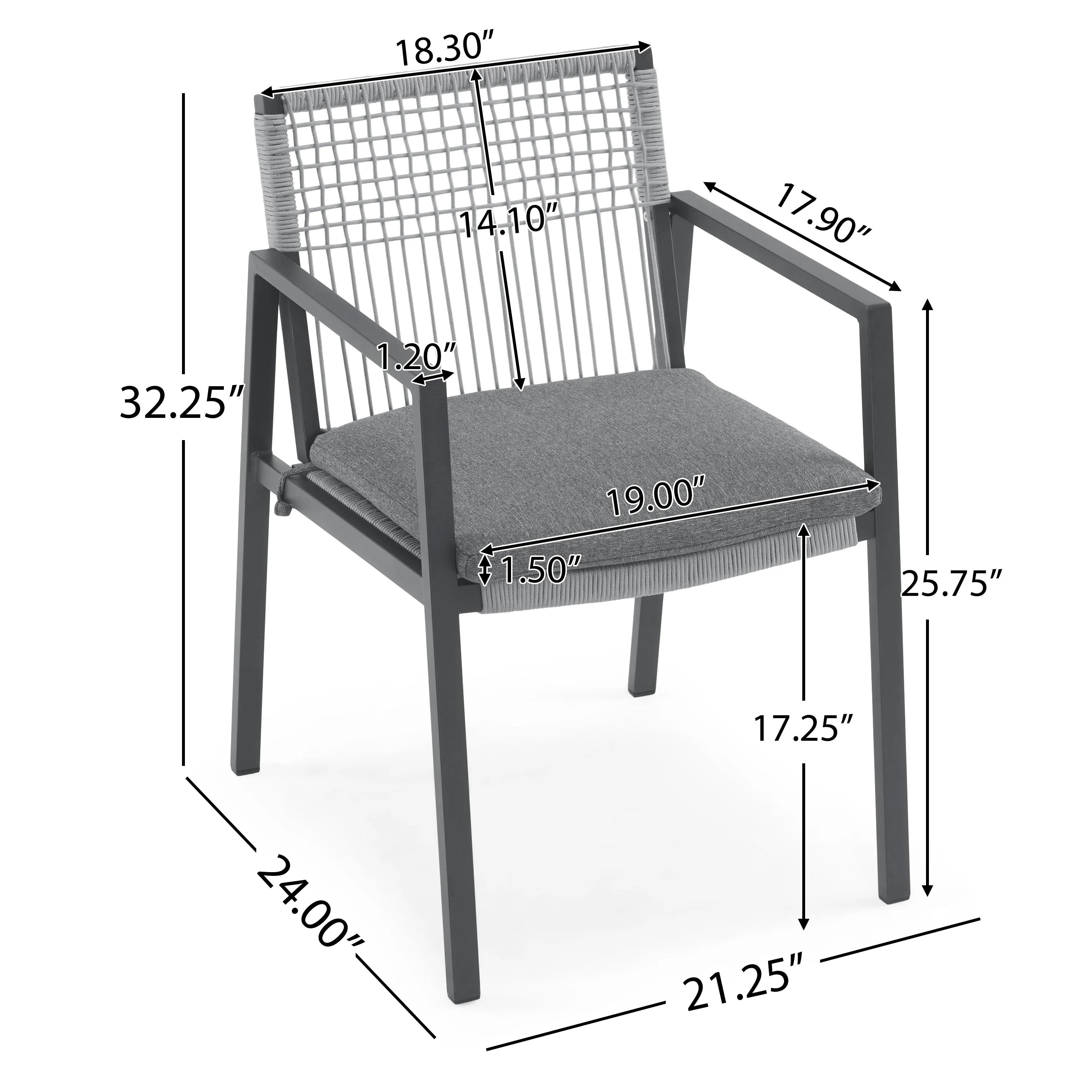 Set of 2 Modern Outdoor Rope Weave Dining Chairs with Aluminum Frame