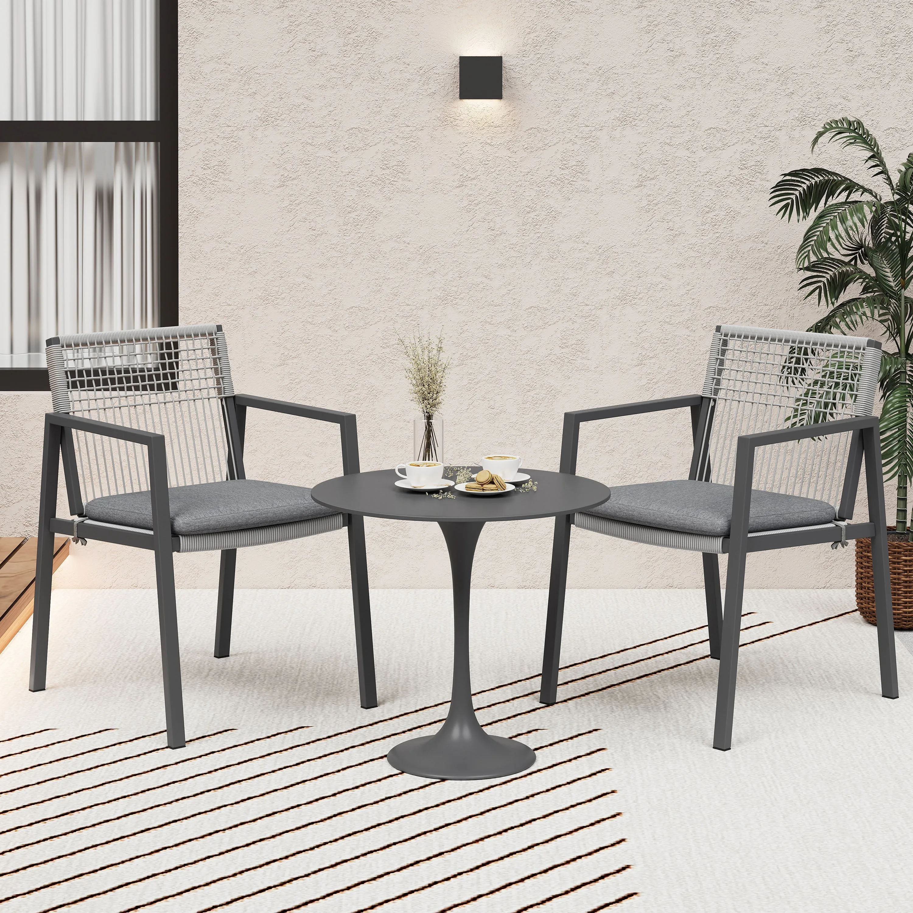 Set of 2 Modern Outdoor Rope Weave Dining Chairs with Aluminum Frame