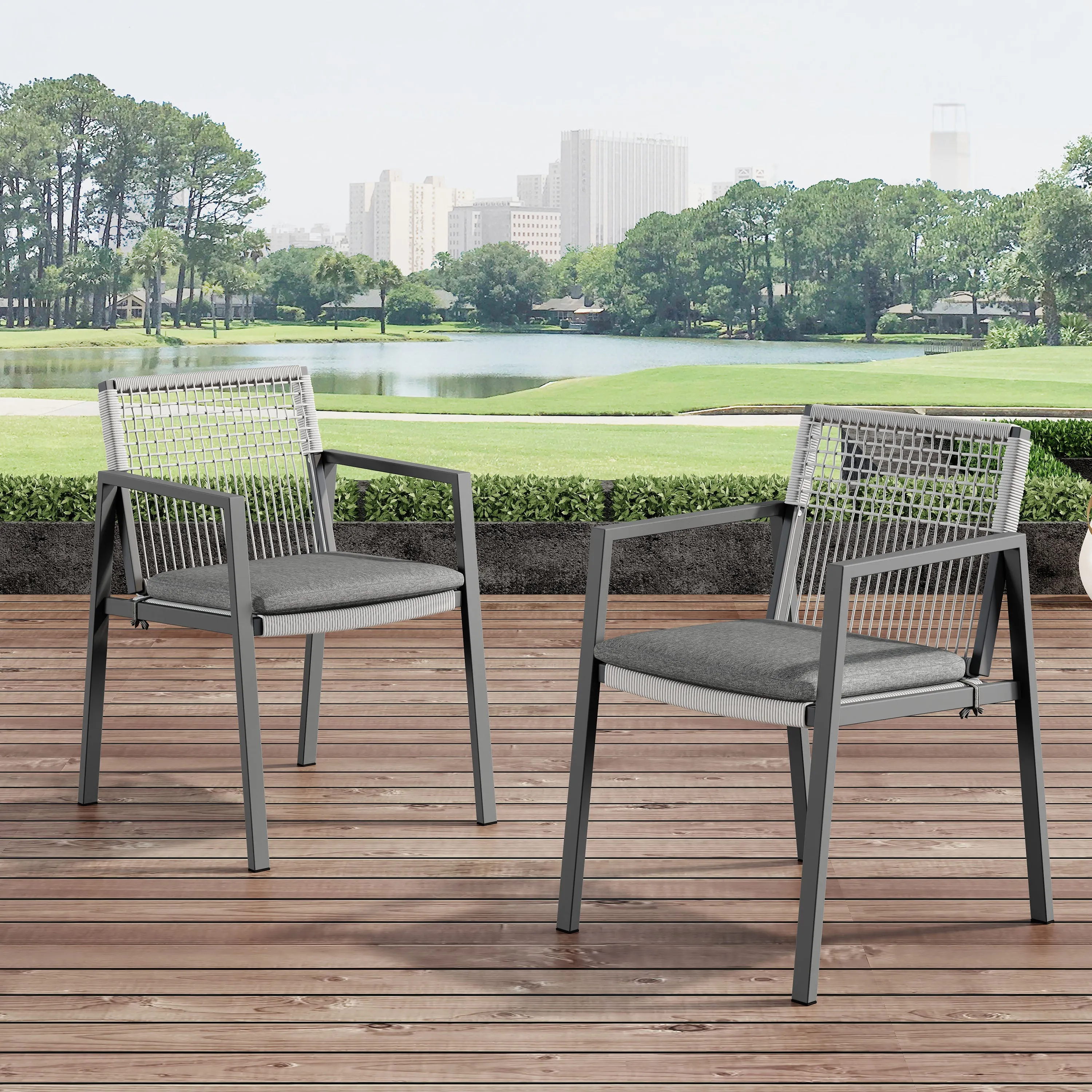 Set of 2 Modern Outdoor Rope Weave Dining Chairs with Aluminum Frame patio chairs, outdoor seating