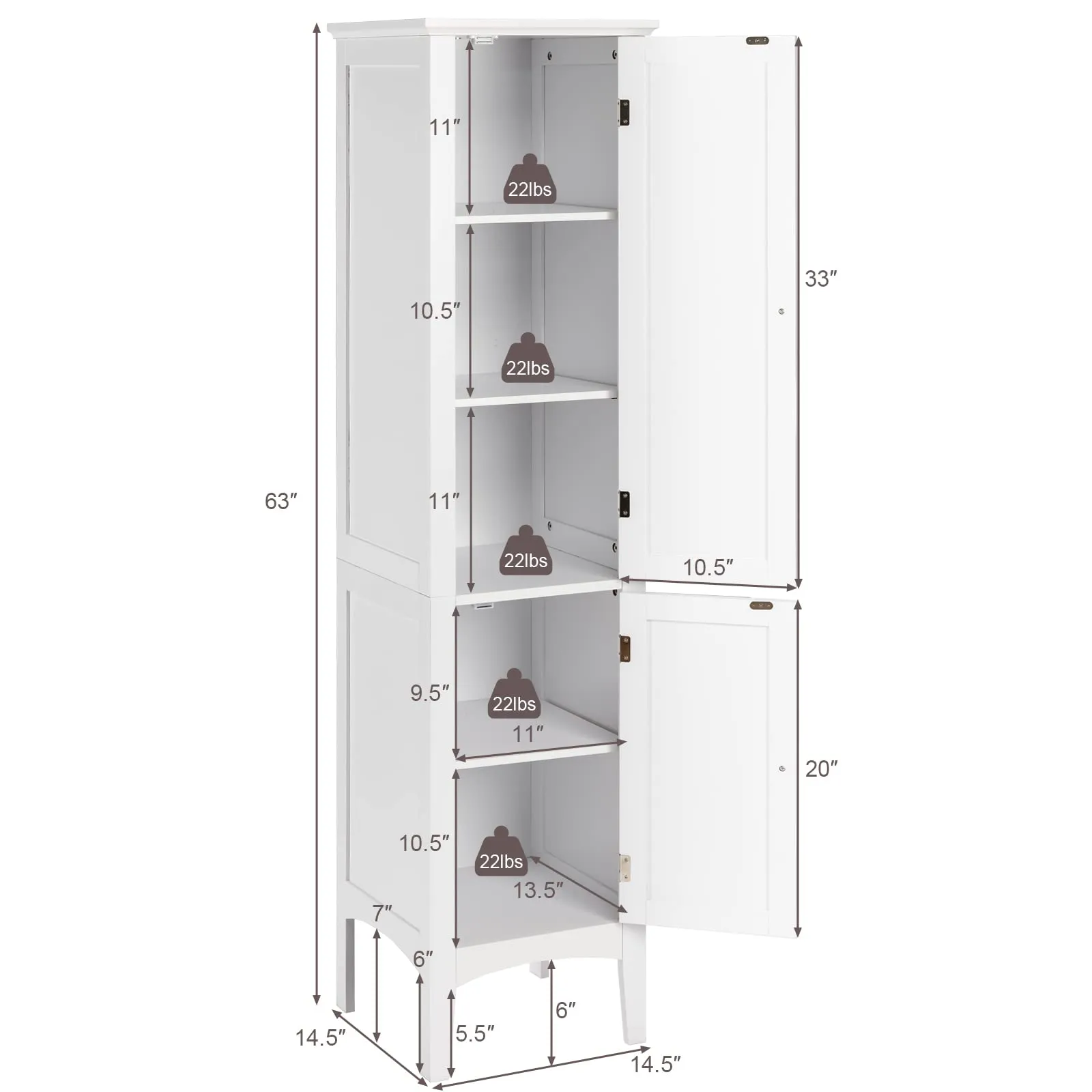 Storage Cabinet Bathroom High Cabinet with 5 Tier Shelves
