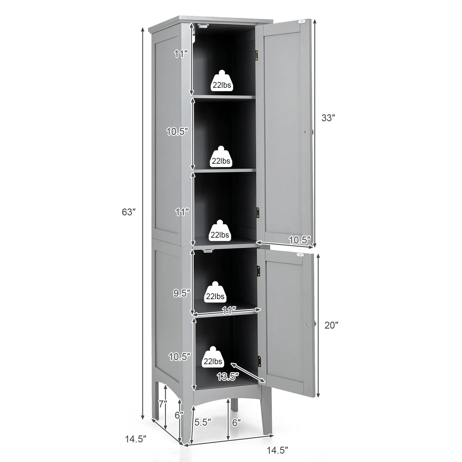 Storage Cabinet Bathroom High Cabinet with 5 Tier Shelves
