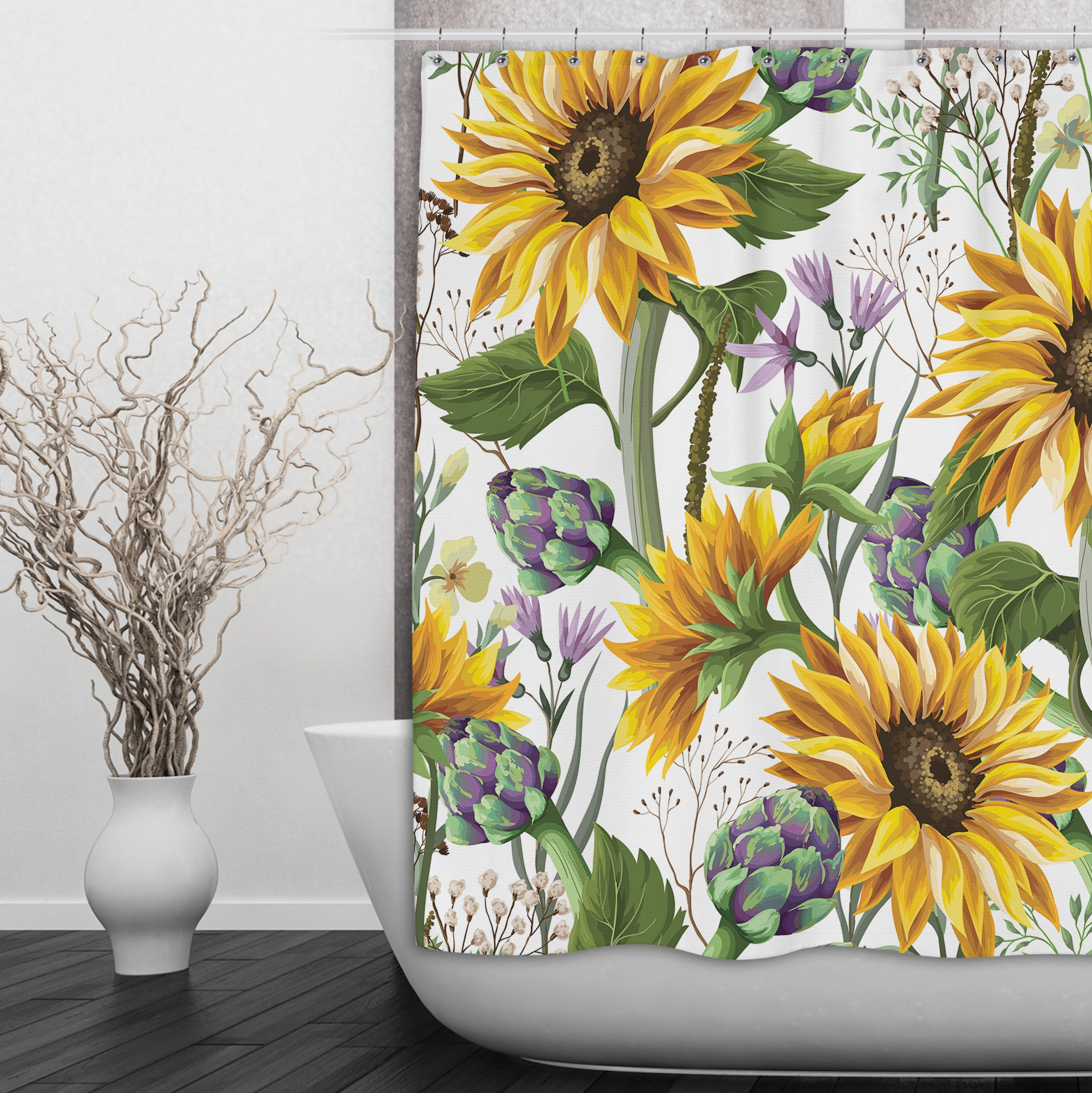Sunflower and Artichoke on White Shower Curtains and Optional Bath Mats Lighting,Lamps Fixtures