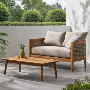 The Crowne Collection Outdoor Acacia Wood and Wicker Loveseat and Coffee Table Set with Sunbrella Cushions patio chairs, outdoor seating