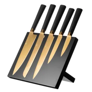 Titan 6-Piece Knife Block; Gold round coffee table, wooden coffee table
