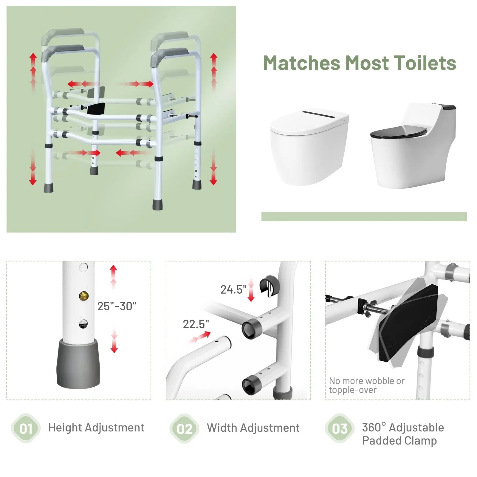 Toilet Safety Rail Free Standing Safety Assist Frame W/ 360 degree Rotatable Clip