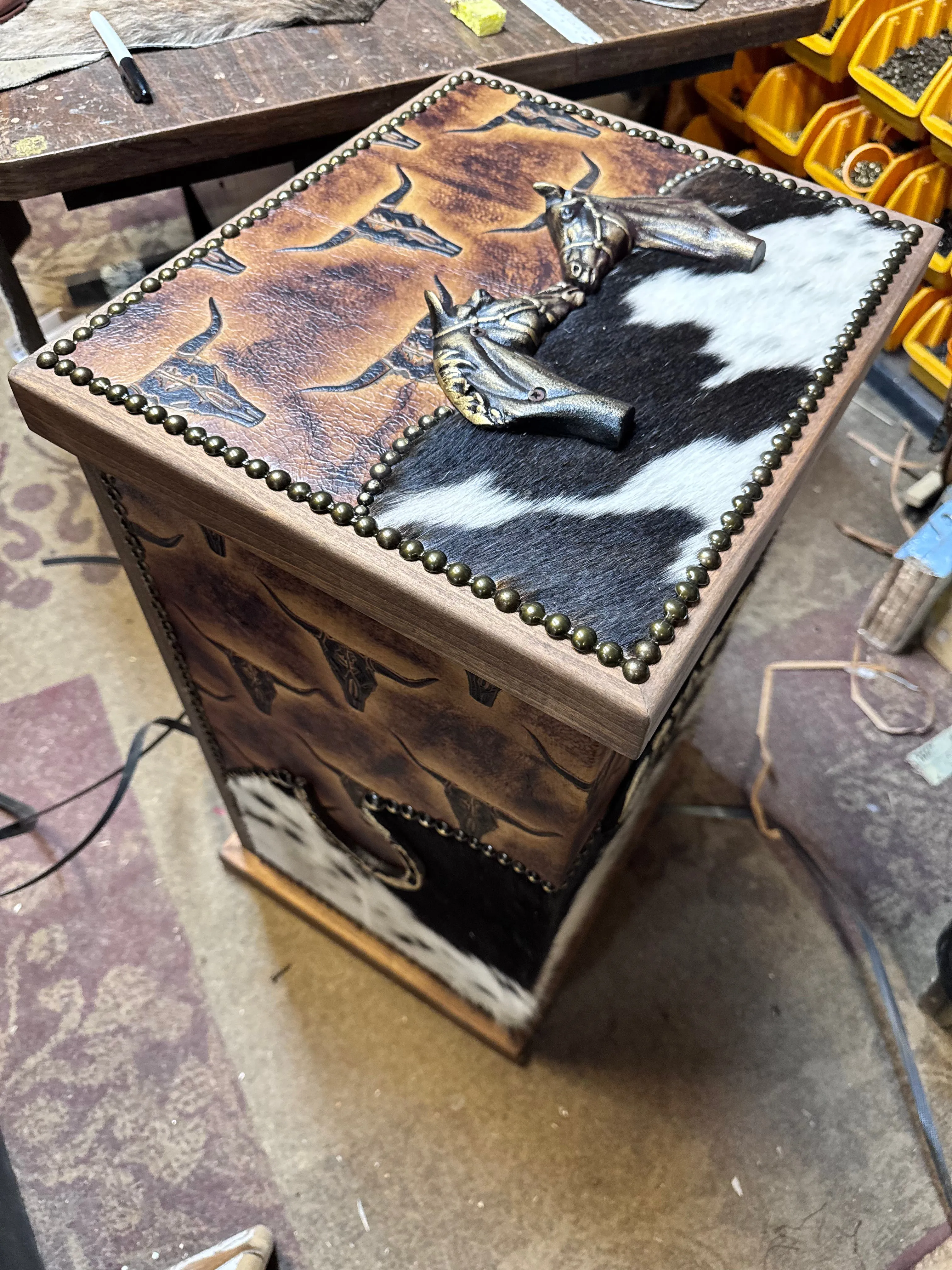 Totally Texas Cowhide Leather Storage Hamper with Rustic Charm