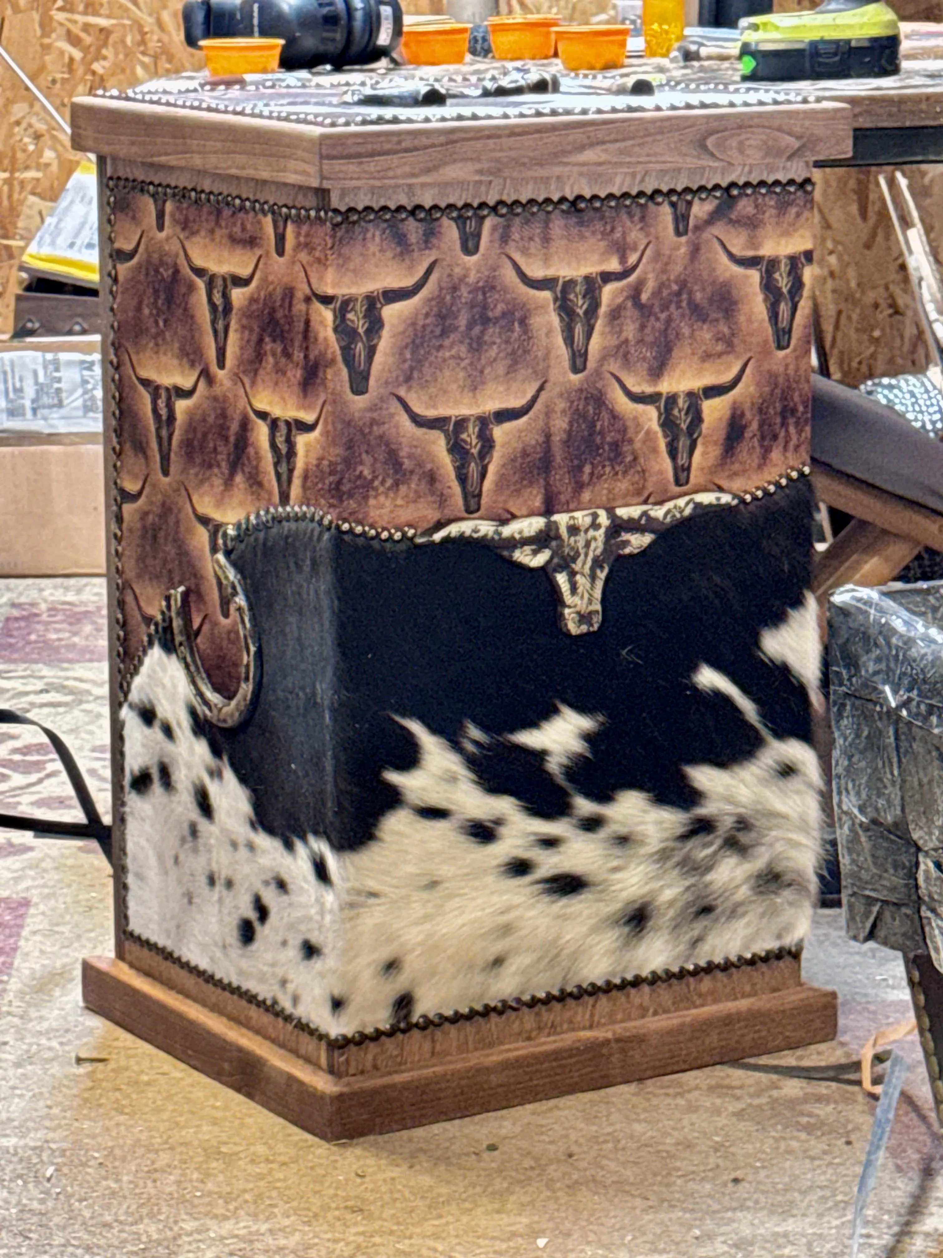 Totally Texas Cowhide Leather Storage Hamper with Rustic Charm