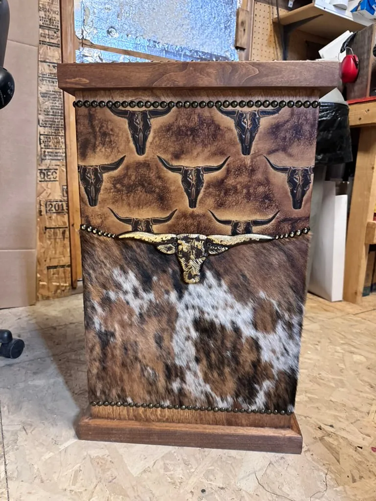 Totally Texas Cowhide Leather Storage Hamper with Rustic Charm bathroom furniture, vanity cabinet