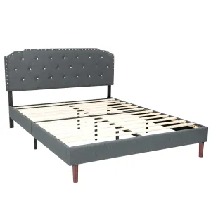 Upholstered Bed Frame w/ Adjustable Headboard, Crystal Tufted Soft Platform Bed Frame w/ Wooden Slats bed frame, queen bed