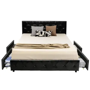 Upholstered PU Leather Platform Bed Frame w/ 4 Storage Drawers, Adjustable Headboard & Solid Wooden Slats bed frame, queen bed