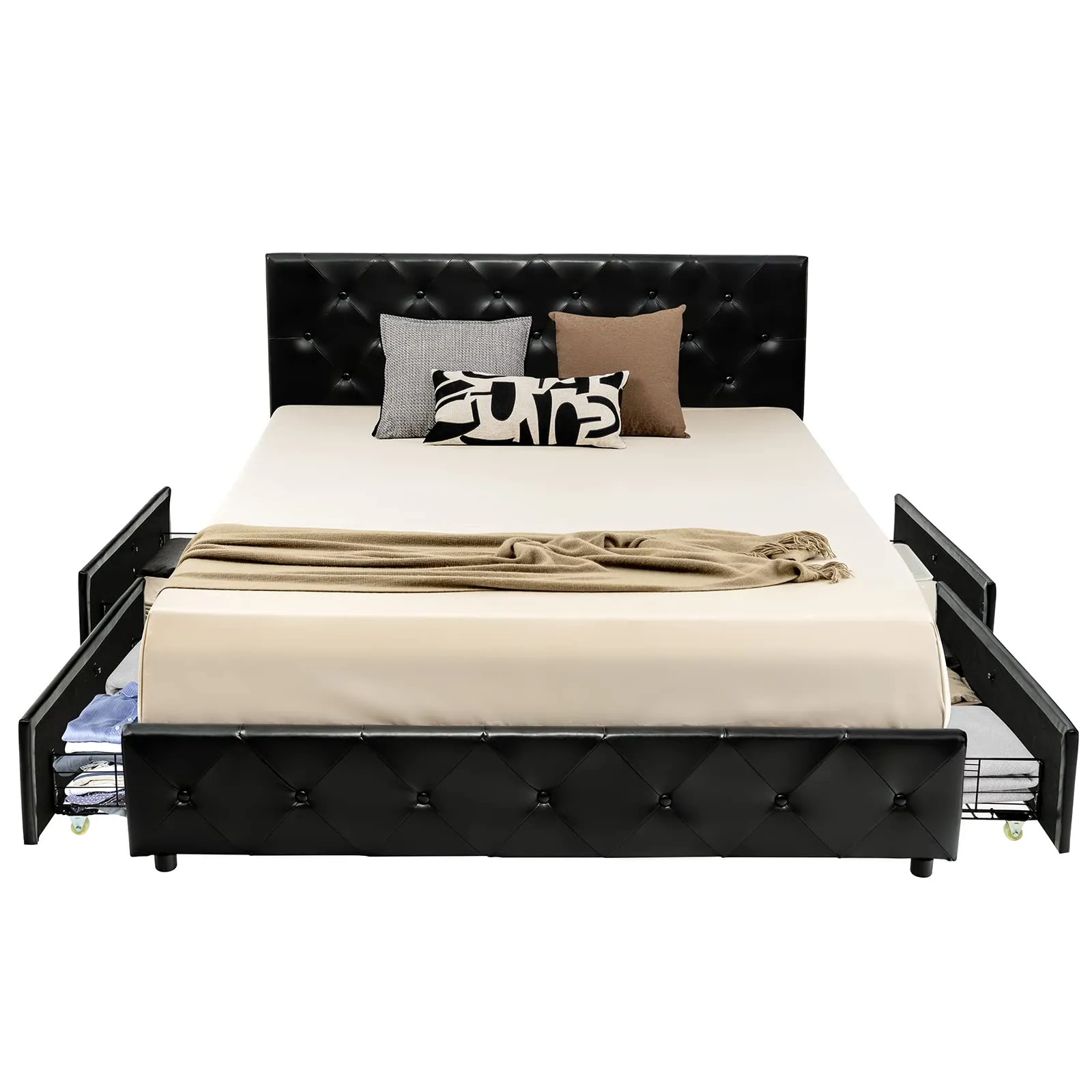 Upholstered PU Leather Platform Bed Frame w/ 4 Storage Drawers, Adjustable Headboard & Solid Wooden Slats bed frame, queen bed
