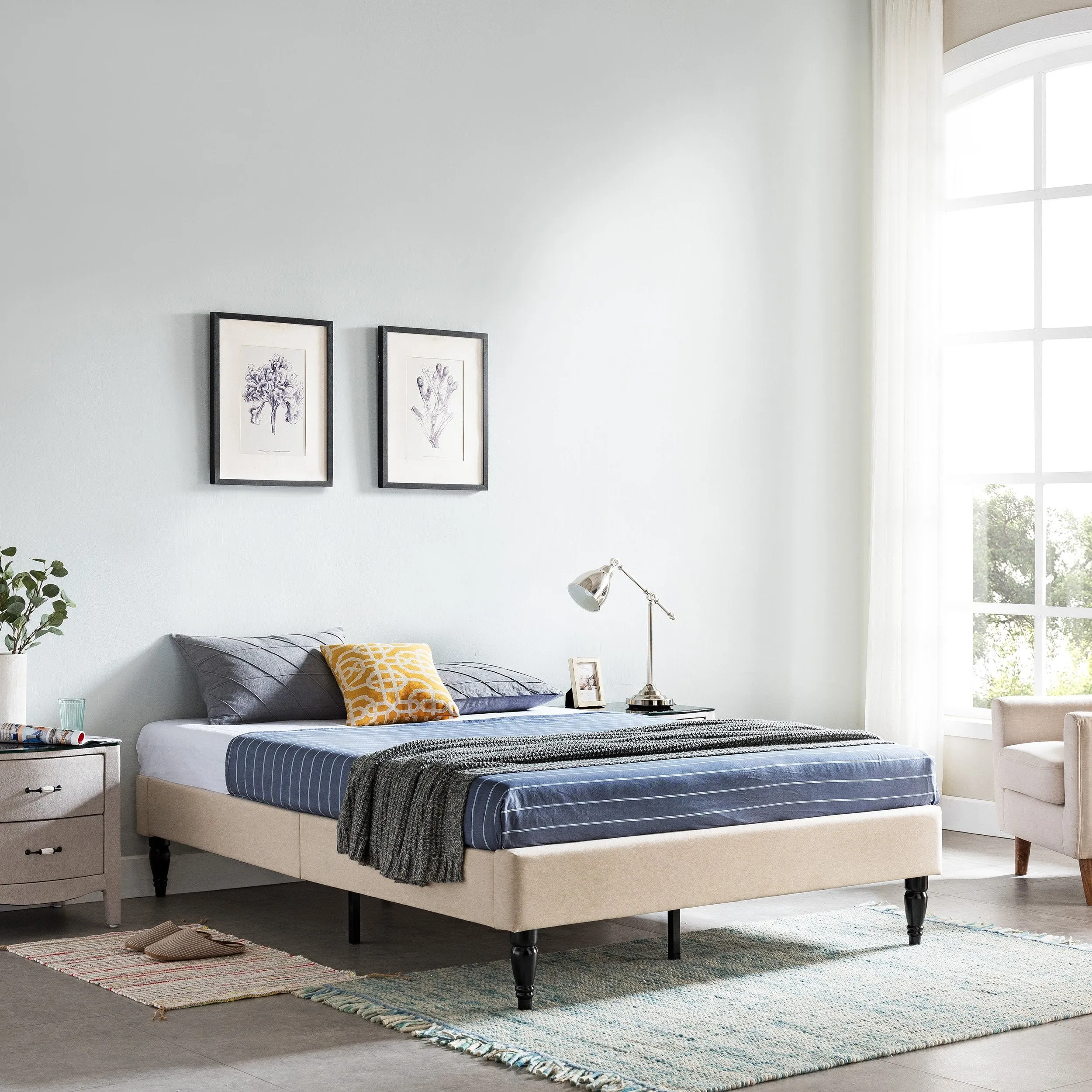 Upholstered Queen Bed Frame with Turned Legs - NH882603 throw blanket, decorative pillow