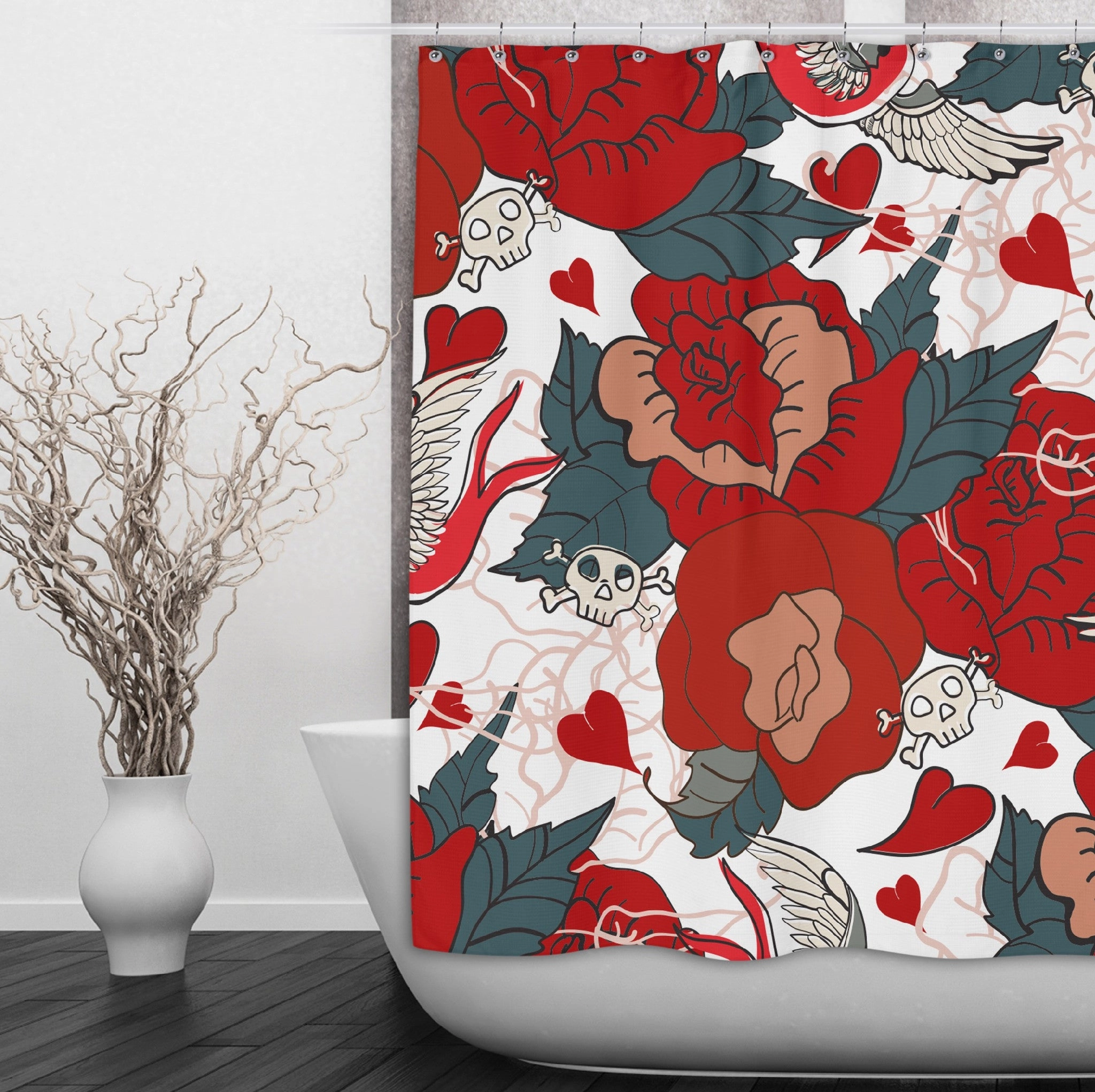 Vintage Tattoo Swallow and Skull Shower Curtains and Optional Bath Mats Lighting,Lamps Fixtures