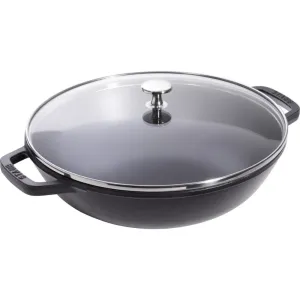 Wok with glass lid, 37cm, Black curtain fabric, upholstery textile