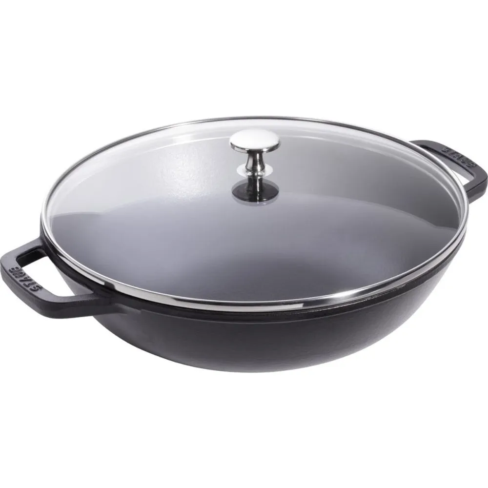 Wok with glass lid, 37cm, Black curtain fabric, upholstery textile