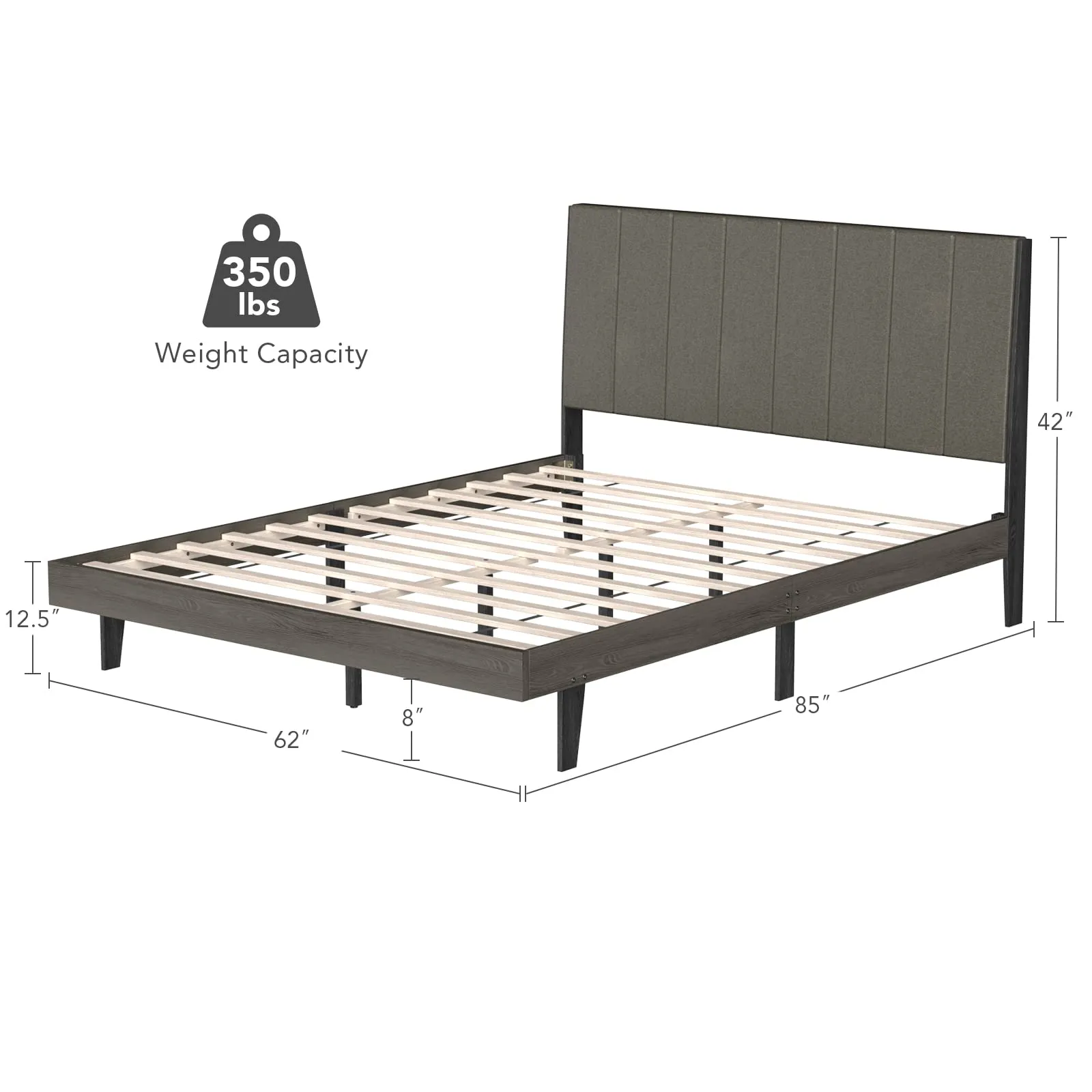Wooden Slats Support Queen Mattress Foundation with Tufted Headboard, Grey